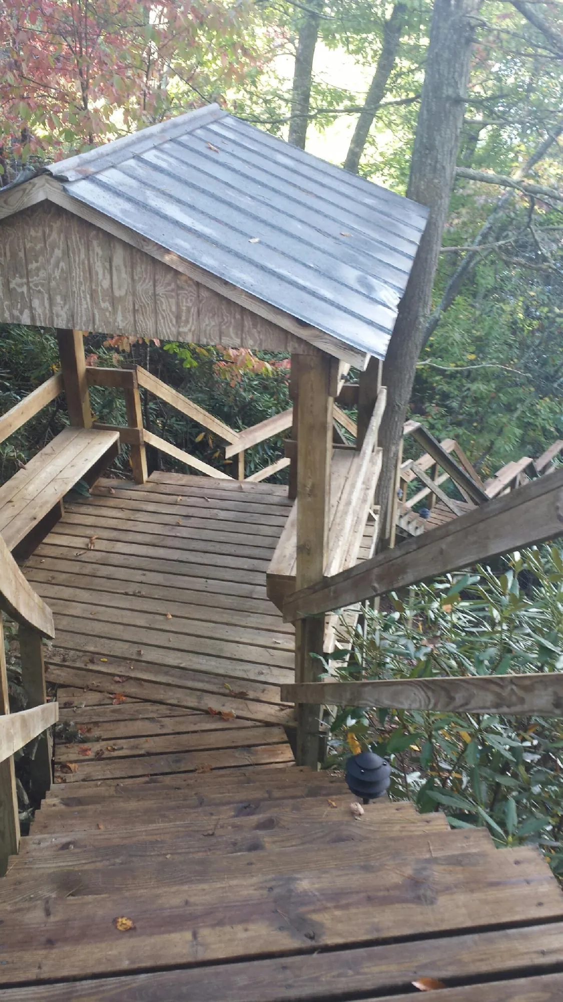 Metal roofed shelter over wooden steps on a wooded walkway — Skylight Repair & Installation work by our crew in Moreland